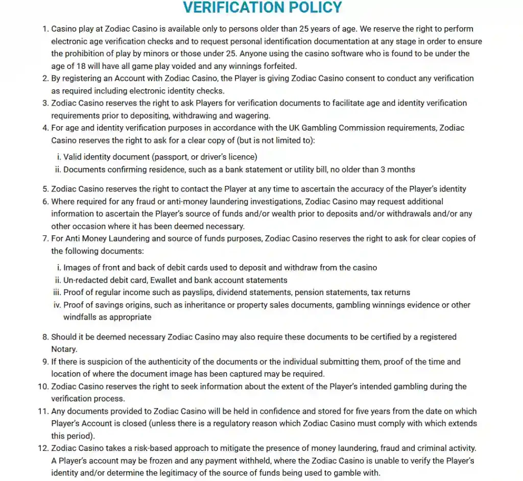Official Zodiac Casino UK verification policy showing categories of identity and financial checks
