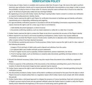 Official Zodiac Casino UK verification policy showing categories of identity and financial checks