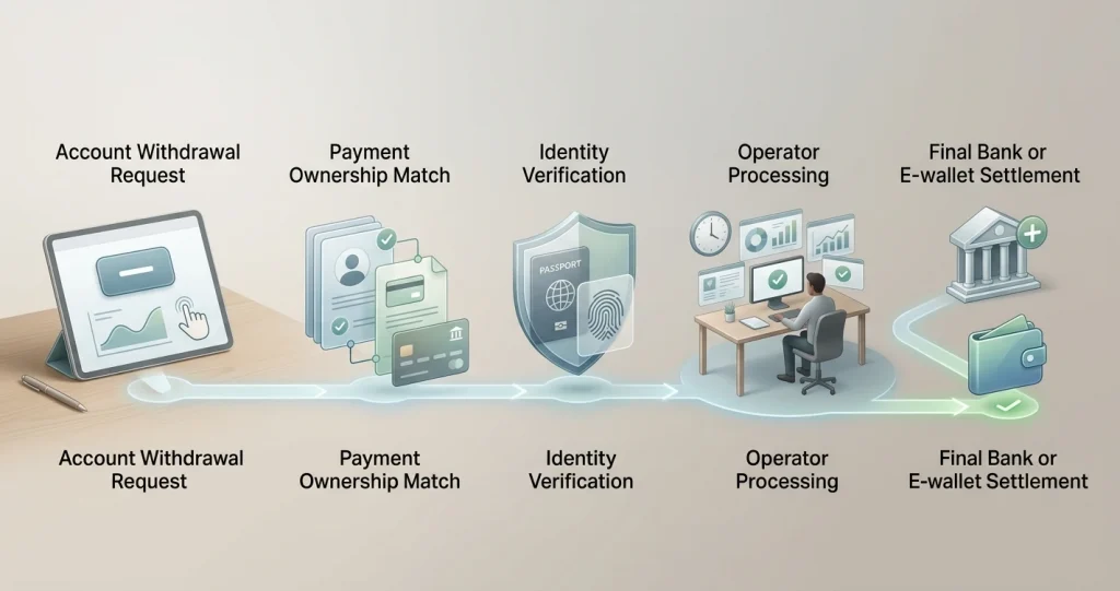Step flow for a Zodiac Casino withdrawal from request through verification and payment settlement