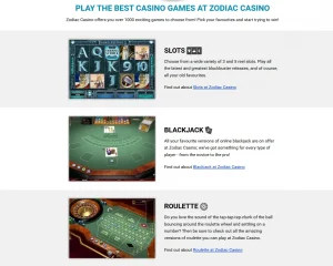 Zodiac Casino UK game catalogue showing slots and table-game categories